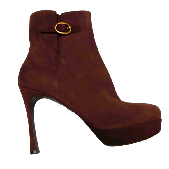 SAINT LAURENT 1595$ Brown Suede Jane Monogram Pointed Square toe Boots 38 - Picture 4 of 9